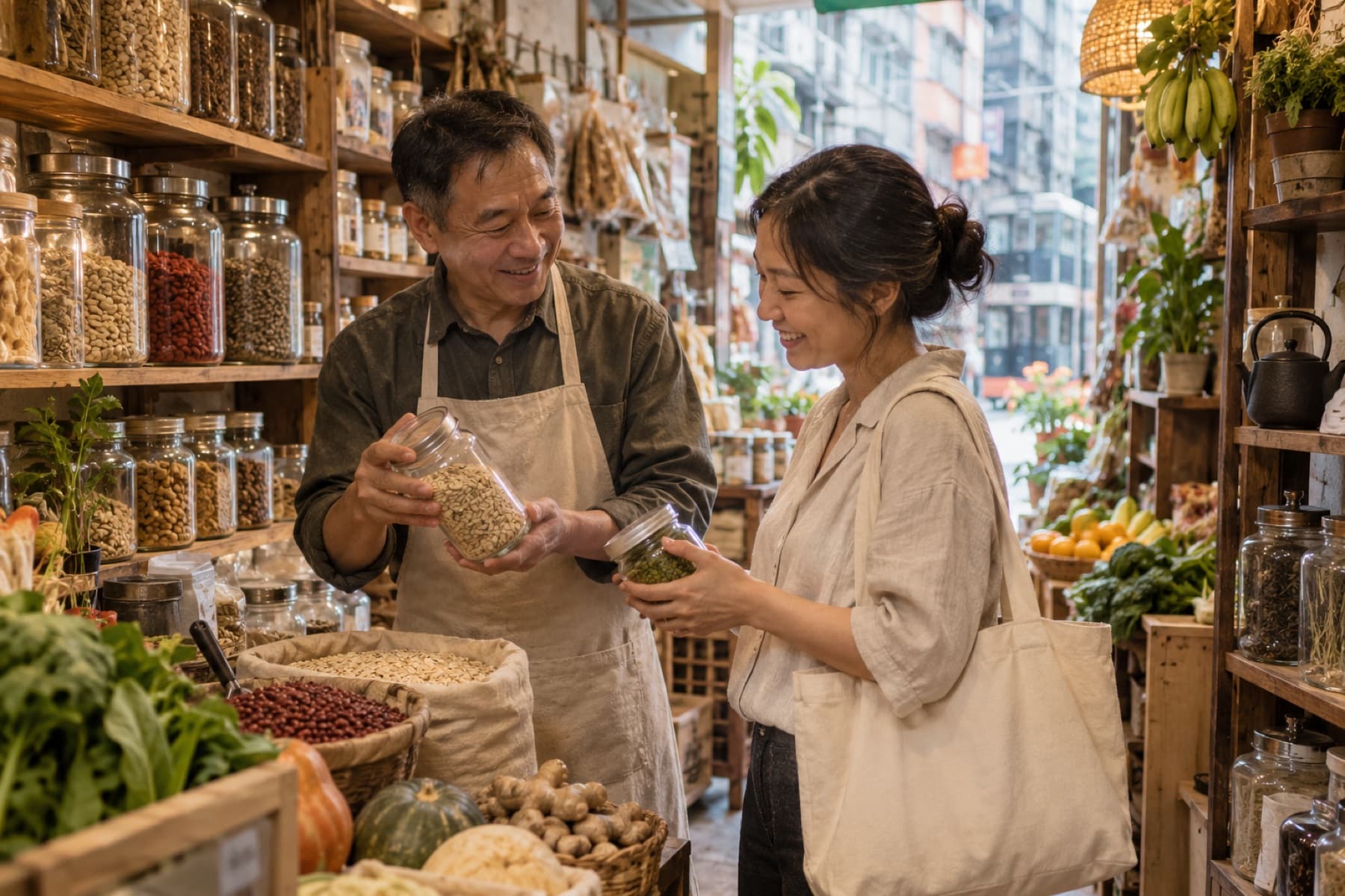 A shopkeeper helping a customer in a small Hong Kong health-food shop