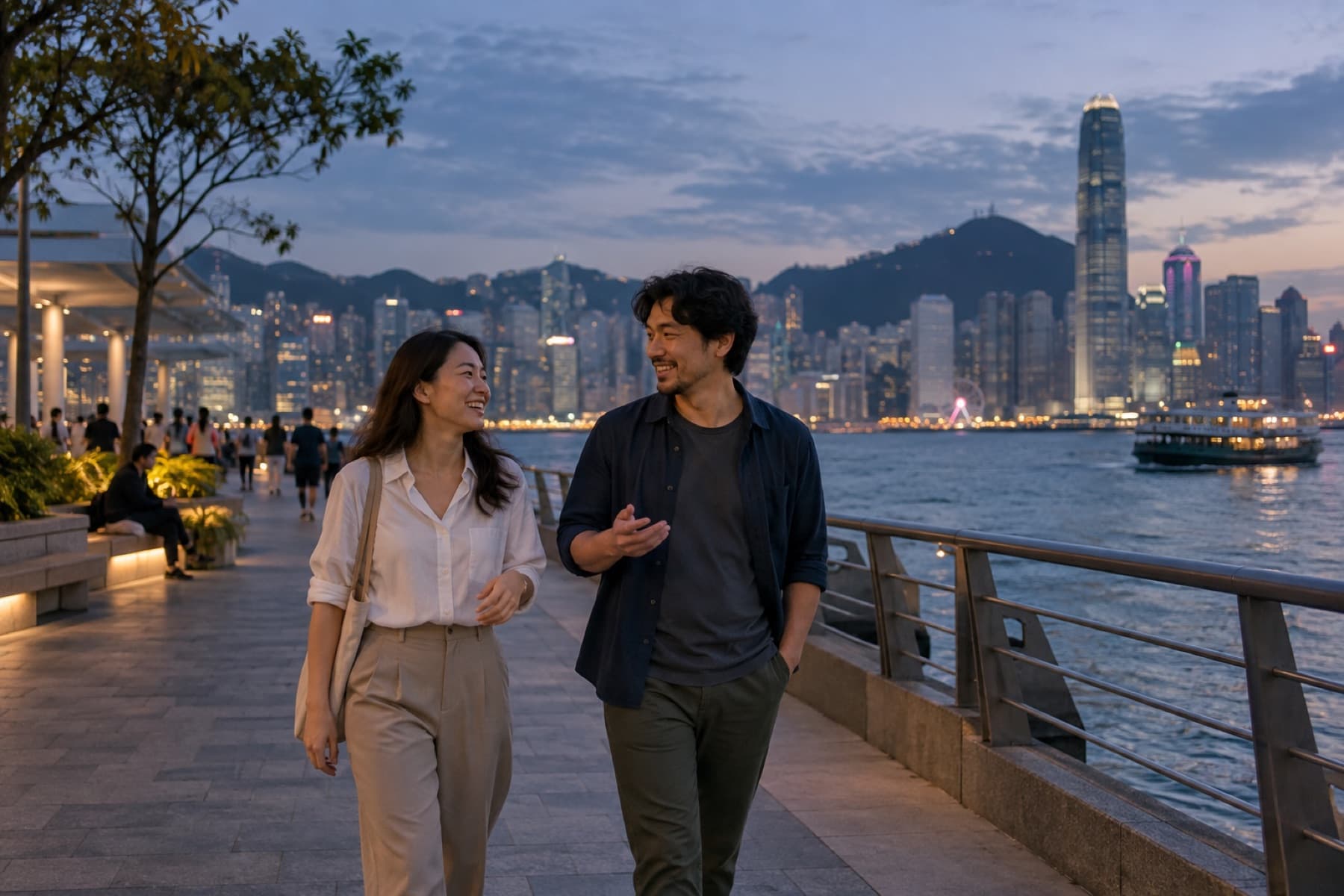 Two friends talking on an easy evening walk beside Victoria Harbour