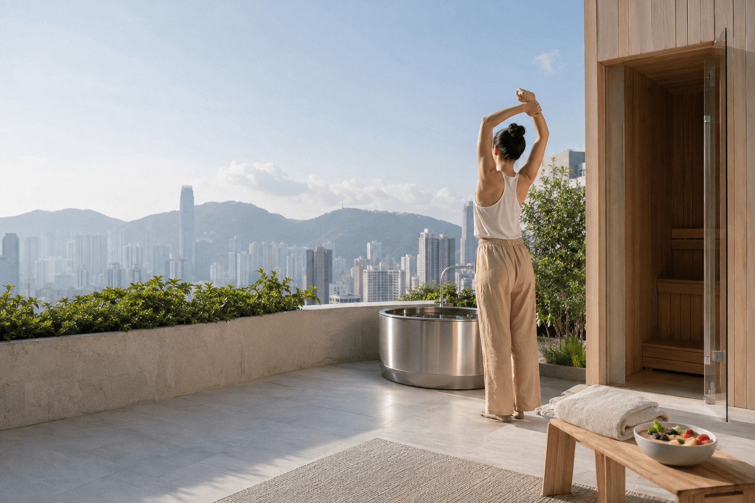 Morning wellness terrace overlooking Hong Kong